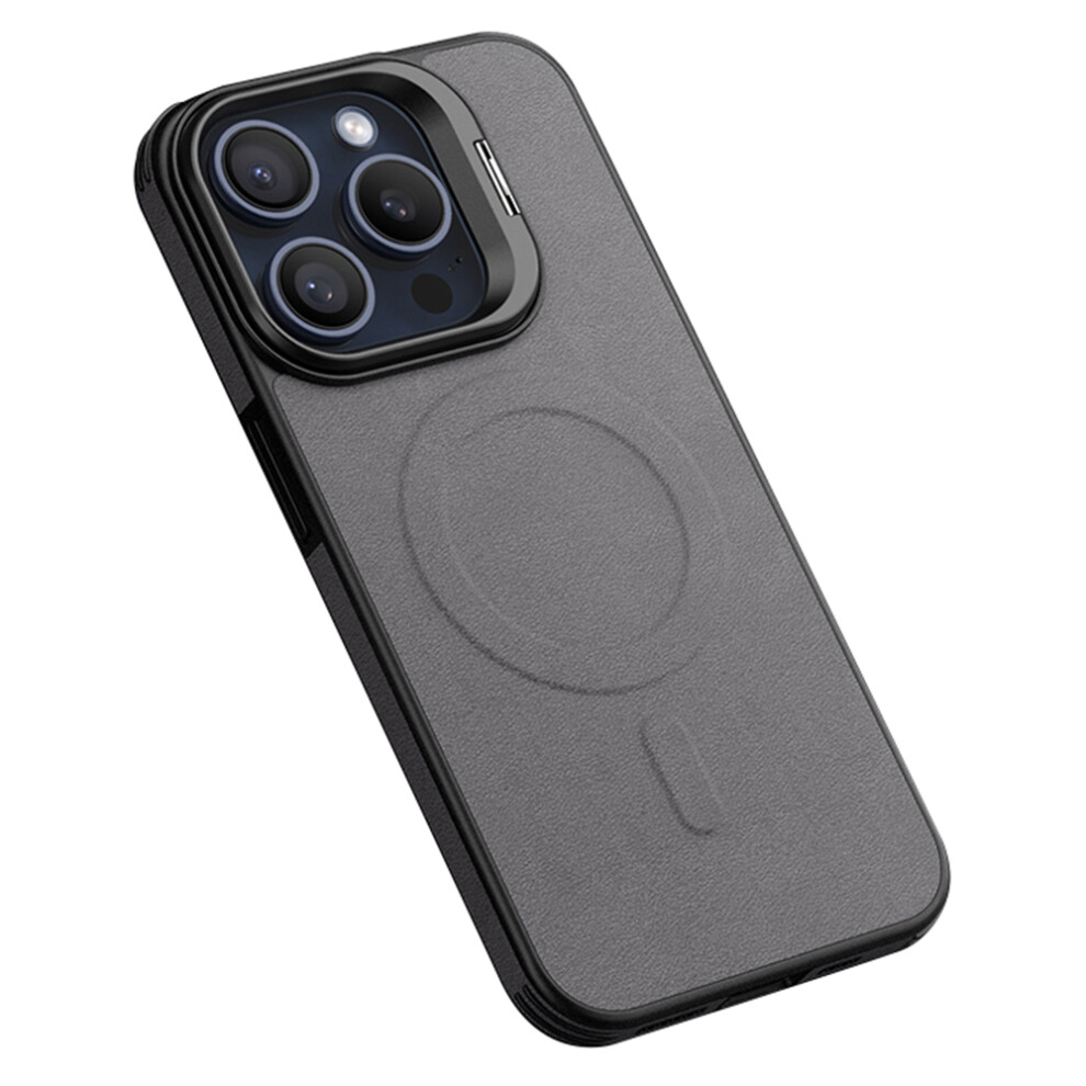 (Iphone 15 Pro Max, ) For Iphone 15 Pro Max Magnetic Case With Lens Kickstand Leather Phone Back Cover Grey 6914288372862