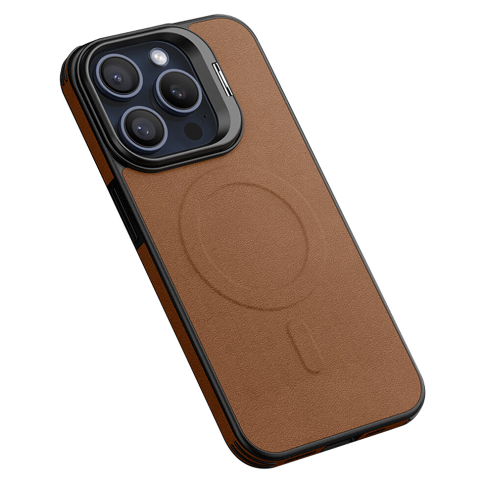 (Iphone 15 Pro Max, ) For Iphone 15 Pro Max Magnetic Case With Lens Kickstand Leather Phone Back Cover Brown 6914289056068