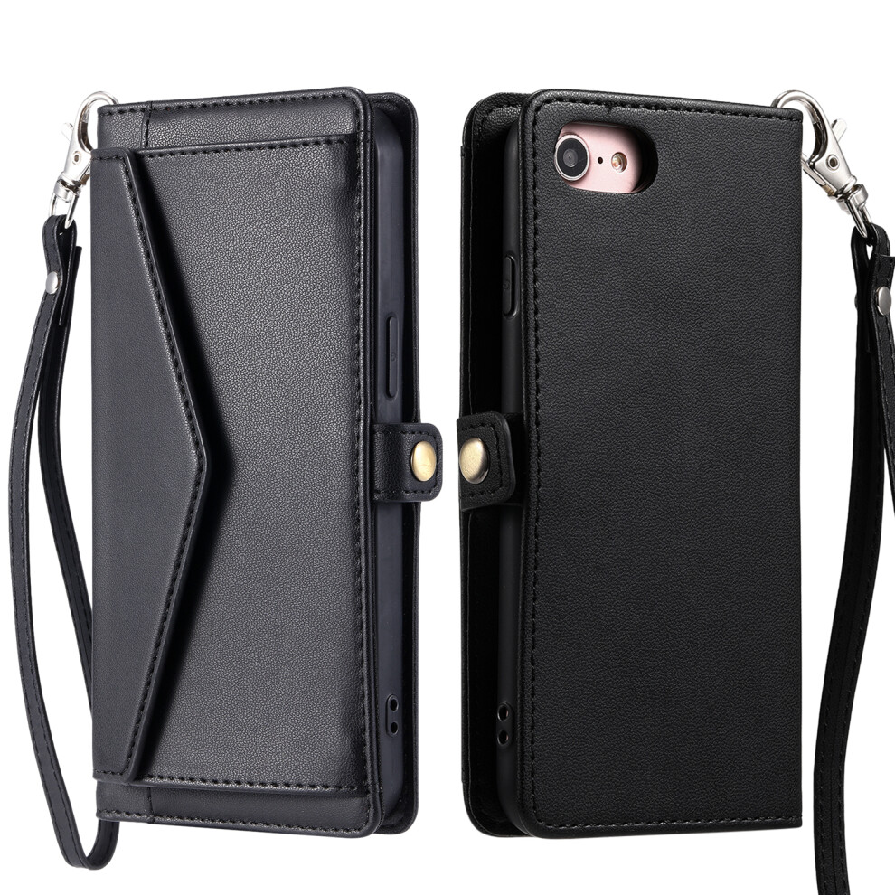 (Iphone 16E, ) For Iphone 16E Leather Case With Wrist Strap Wallet Stand Phone Cover Black 6914280494678