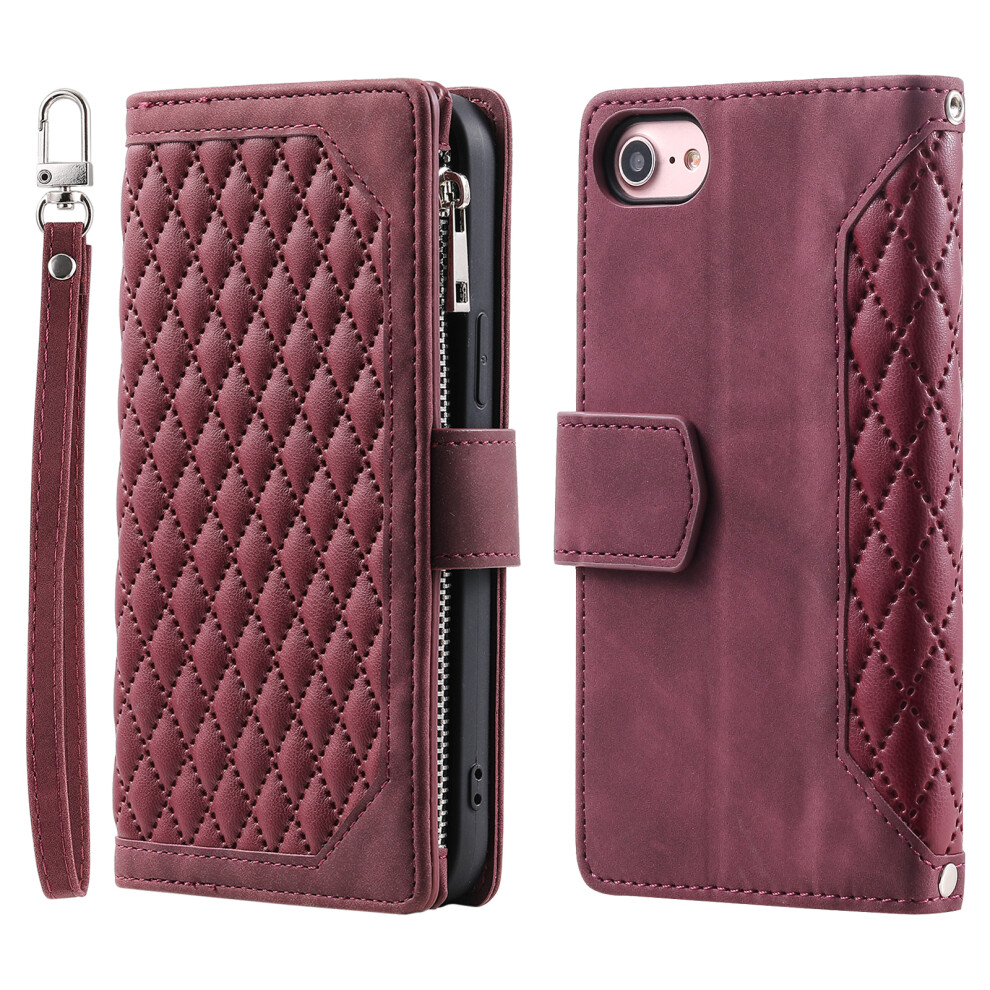 (Iphone 16E, Wine ) For Iphone 16E Case Rhombus Imprinted Zipper Wallet Leather Cover With Strap Red 6914280025018