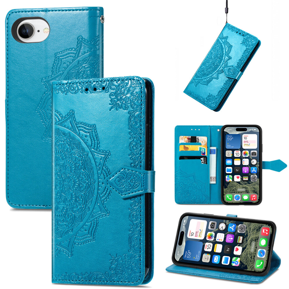 (Iphone 16E, ) For Iphone 16E Wallet Case Mandala Flower Leather Phone Cover Stand Blue 6914280668383