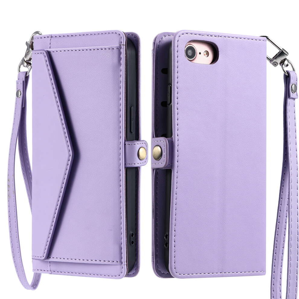 (Iphone 16E, ) For Iphone 16E Leather Case With Wrist Strap Wallet Stand Phone Cover Purple 6914286585158