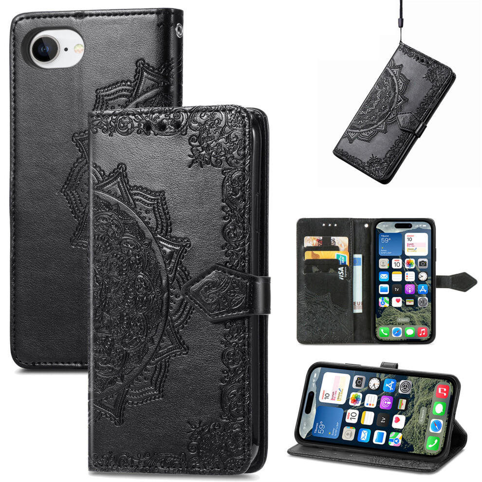 (Iphone 16E, ) For Iphone 16E Wallet Case Mandala Flower Leather Phone Cover Stand Black 6914283721405