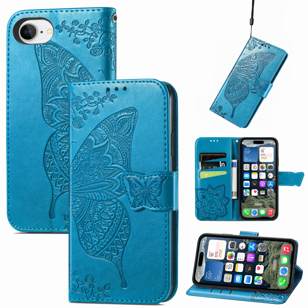 (Iphone 16E, ) For Iphone 16E Case With Strap Butterfly Pattern Pu Leather Wallet Phone Cover Blue 6914280174860