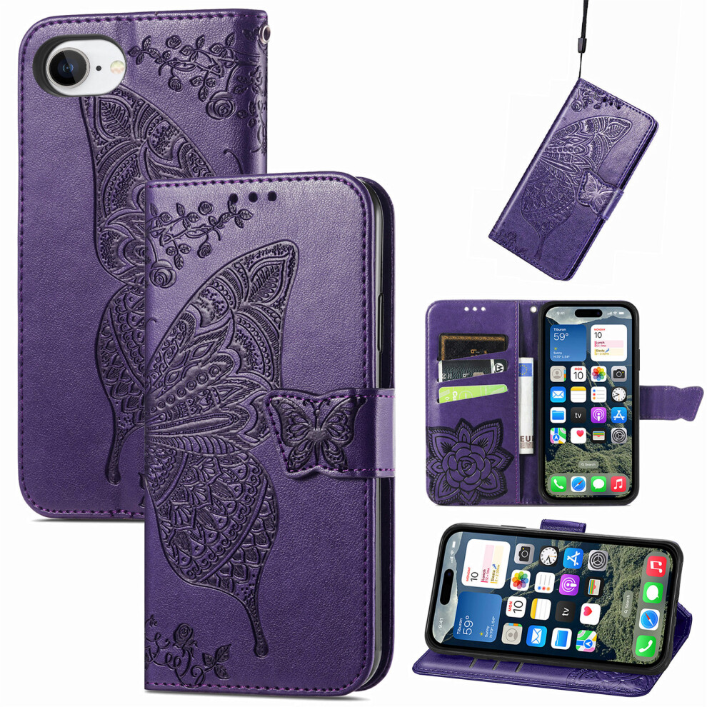 (Iphone 16E, Dark ) For Iphone 16E Case With Strap Butterfly Pattern Pu Leather Wallet Phone Cover Purple 6914288693912