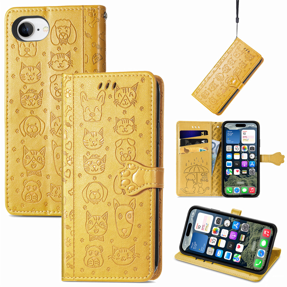 (Iphone 16E, ) For Iphone 16E Leather Wallet Case Flip Phone Cover With Cute Cat Dog Pattern Yellow 6914280198958