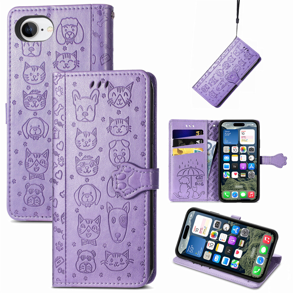 (Iphone 16E, Light ) For Iphone 16E Leather Wallet Case Flip Phone Cover With Cute Cat Dog Pattern Purple 6914281835159