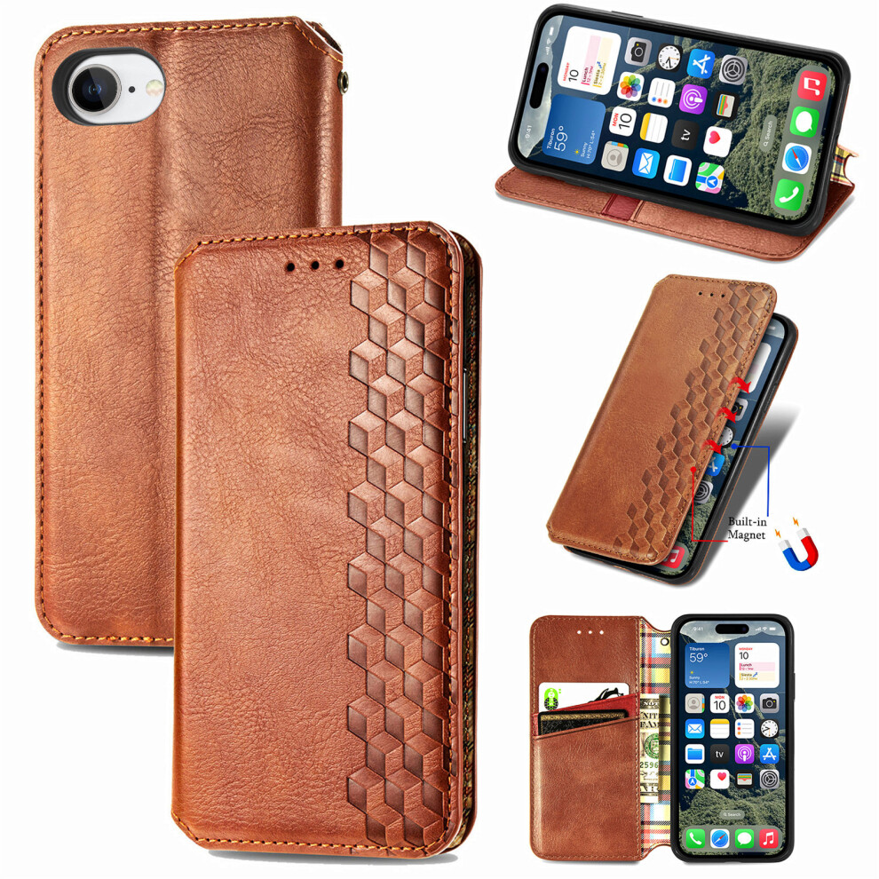 (Iphone 16E, ) For Iphone 16E Pu Leather Case Rhombus Imprint Wallet Stand Phone Cover Brown 6914280755366
