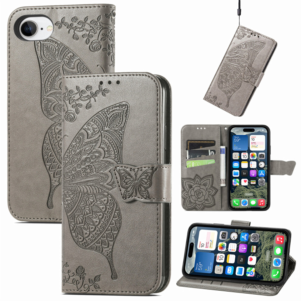 (Iphone 16E, ) For Iphone 16E Case With Strap Butterfly Pattern Pu Leather Wallet Phone Cover Grey 6914283542116