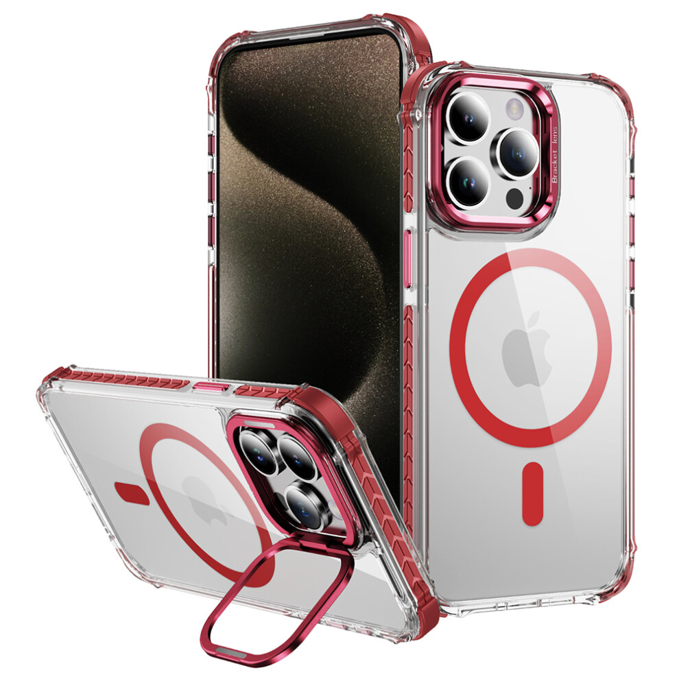 (Iphone 12 6.1 Inch, ) For Iphone 12/12 Pro Clear Phone Case With Lens Kickstand Cover Compatible With Magsafe Red 6914285848315
