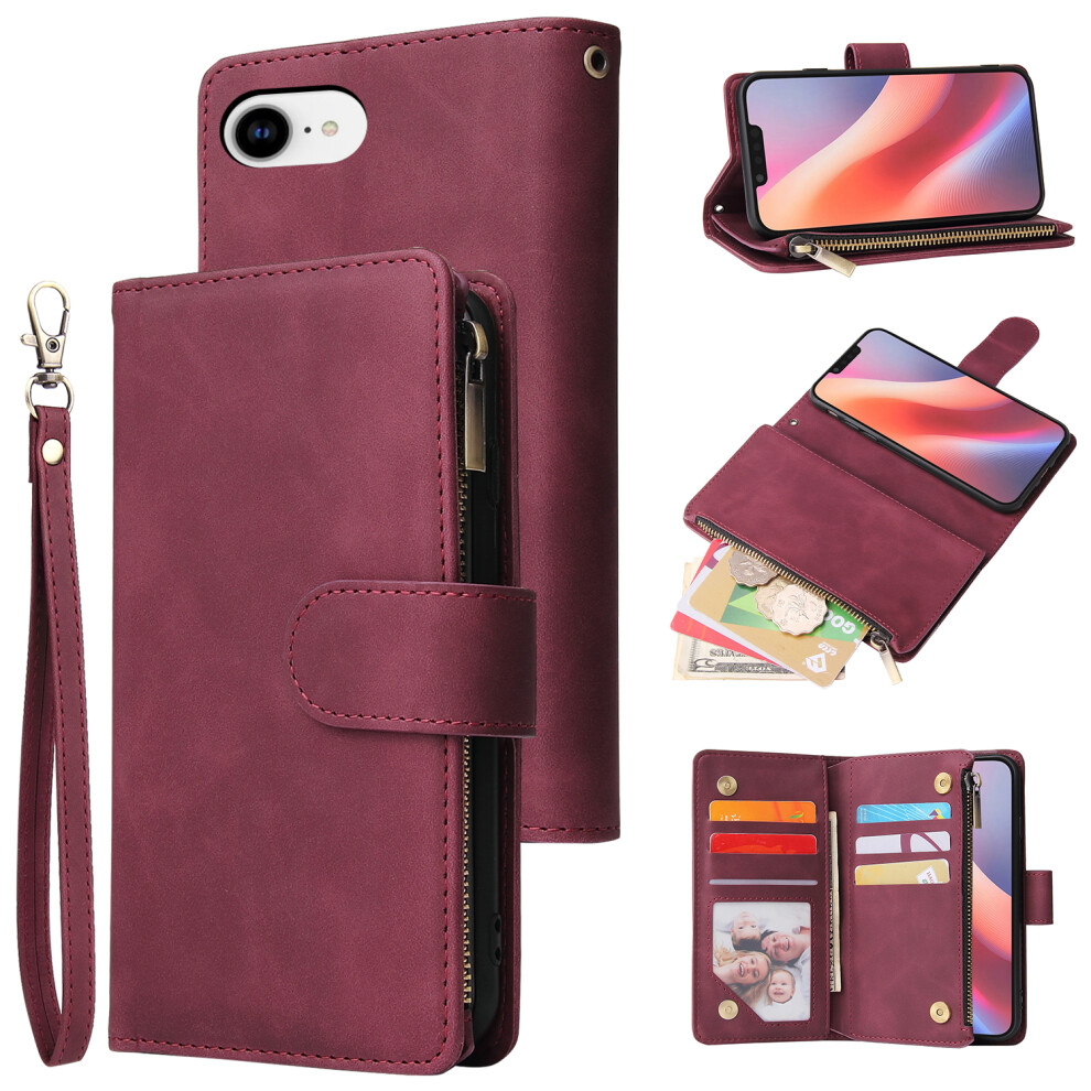 (Iphone 16E, Wine ) For Iphone 16E Case Zipper Wallet Multiple Card Slots Leather Phone Cover Red 6914287616011