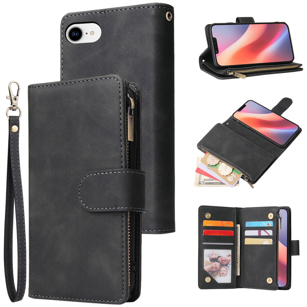 (Iphone 16E, ) For Iphone 16E Case Zipper Wallet Multiple Card Slots Leather Phone Cover Black 6914284562984