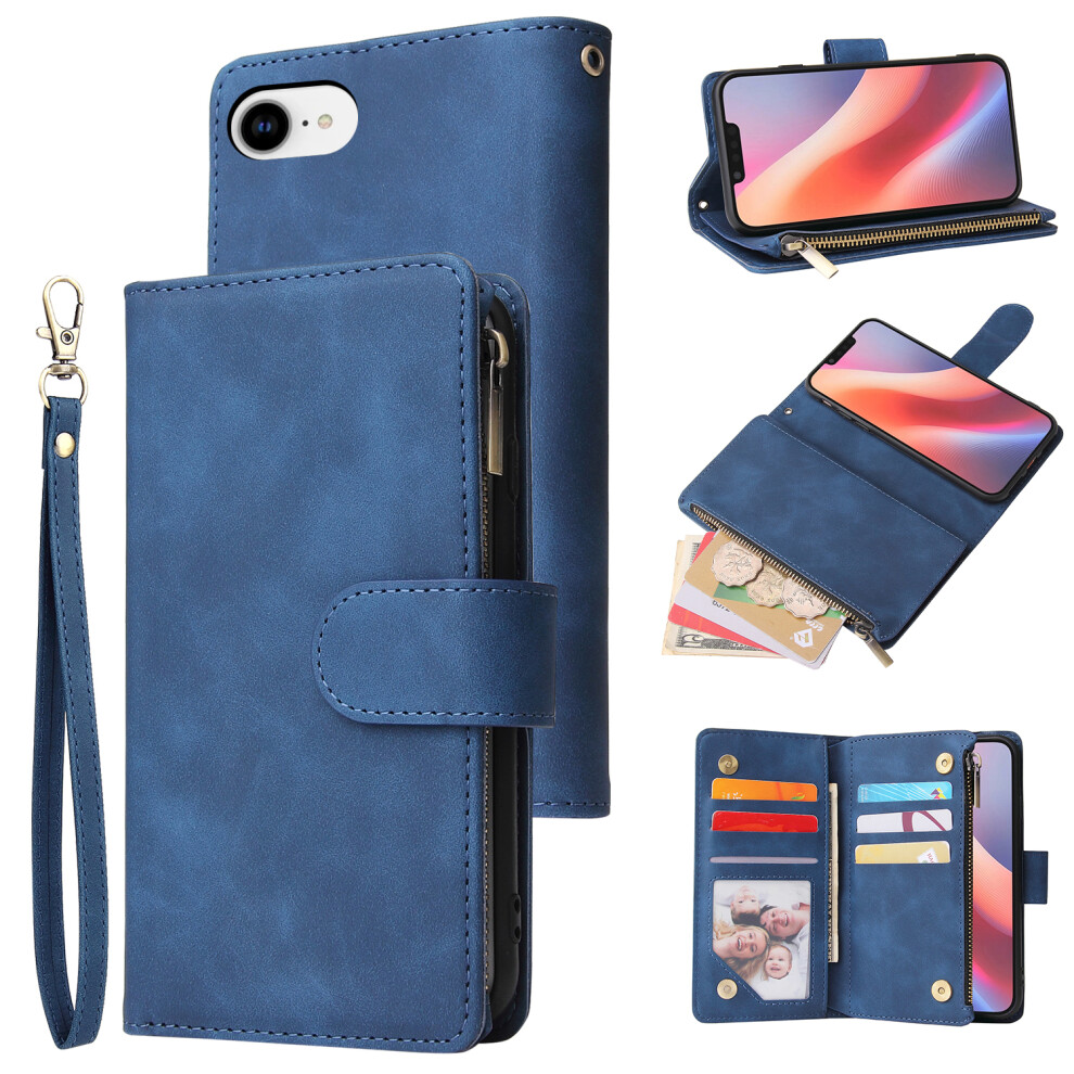(Iphone 16E, ) For Iphone 16E Case Zipper Wallet Multiple Card Slots Leather Phone Cover Blue 6914282669098