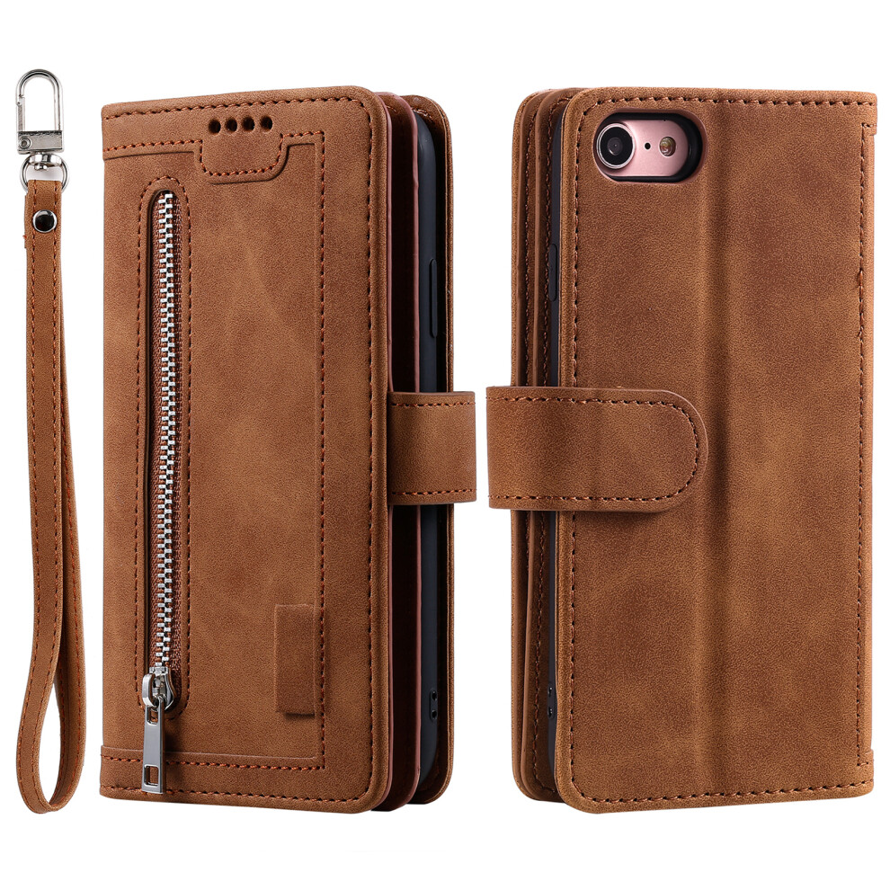(Iphone 16E, ) For Iphone 16E Case Pu Leather Phone Cover With Zipper Wallet 9 Card Slots Brown 6914284214920