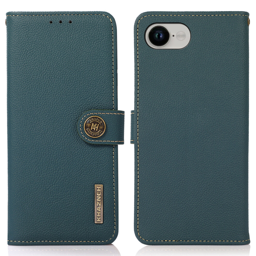 (Iphone 16E, ) Khazneh For Iphone 16E Case Genuine Cow Leather Wallet Phone Cover Green 6914286185792
