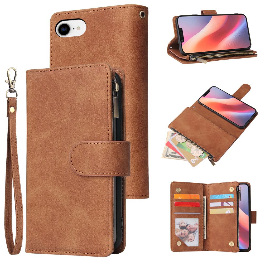 (Iphone 16E, ) For Iphone 16E Case Zipper Wallet Multiple Card Slots Leather Phone Cover Brown 6914281344002
