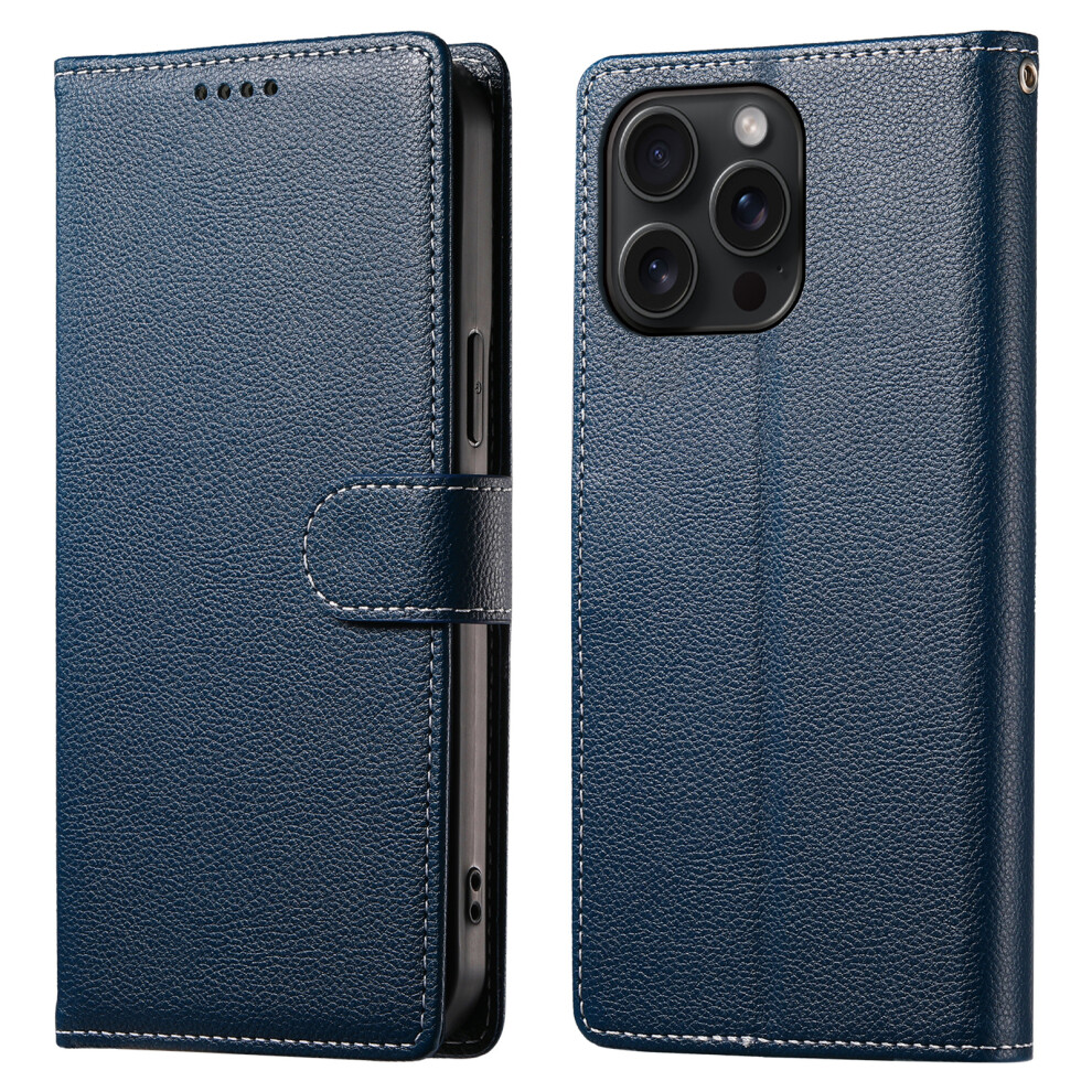 (Iphone 15 Pro, Dark ) For Iphone 15 Pro Case Litchi Texture Leather Wallet Phone Cover Magnetic Snap Blue 6914284882808