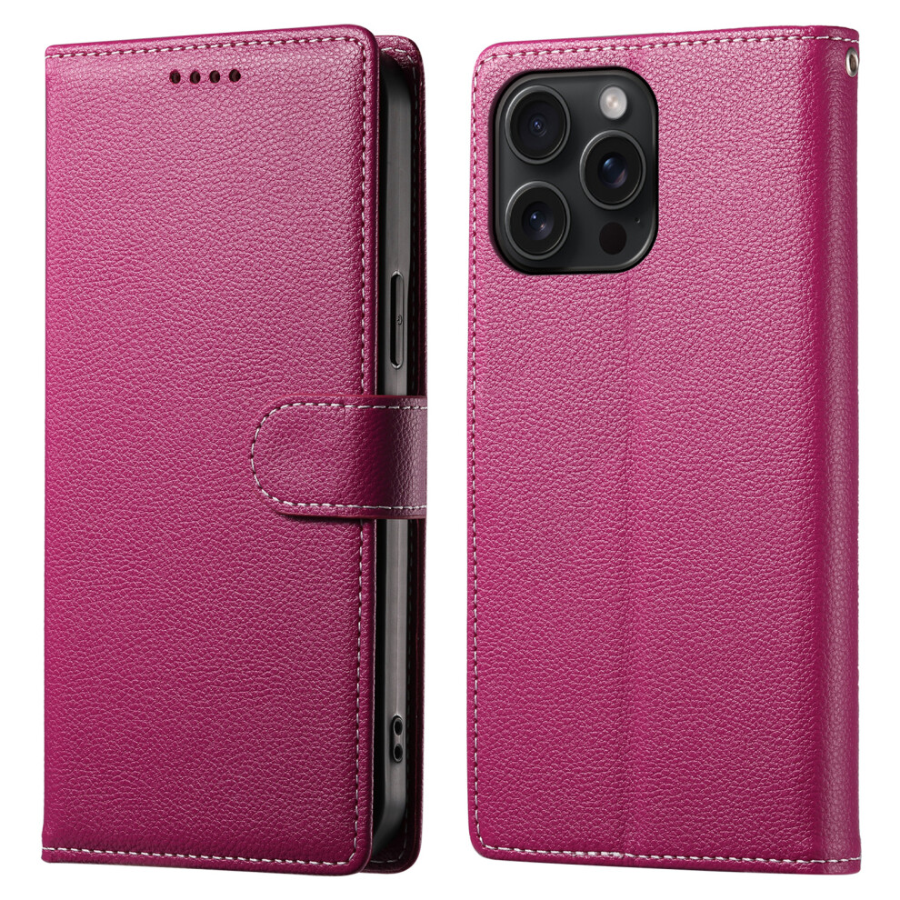 (Iphone 15 Pro, Rose) For Iphone 15 Pro Case Litchi Texture Leather Wallet Phone Cover Magnetic Snap 6914285842573