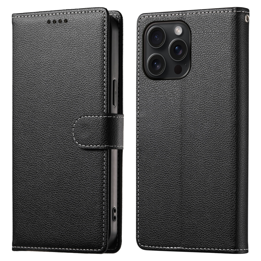(Iphone 15 Pro, ) For Iphone 15 Pro Case Litchi Texture Leather Wallet Phone Cover Magnetic Snap Black 6914285978838