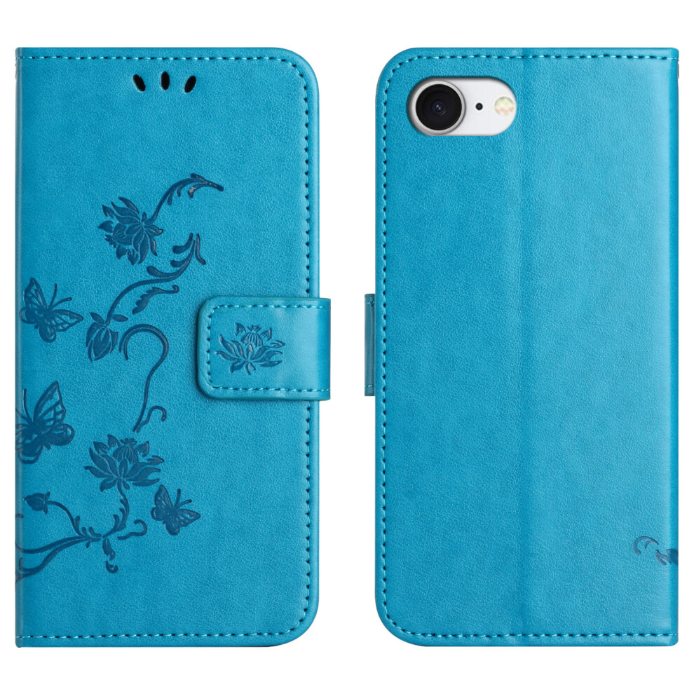 (Iphone 16E, ) For Iphone 16E Case Wallet Stand Imprinted Butterfly Flower Pu Leather Phone Cover Blue 6914287936157