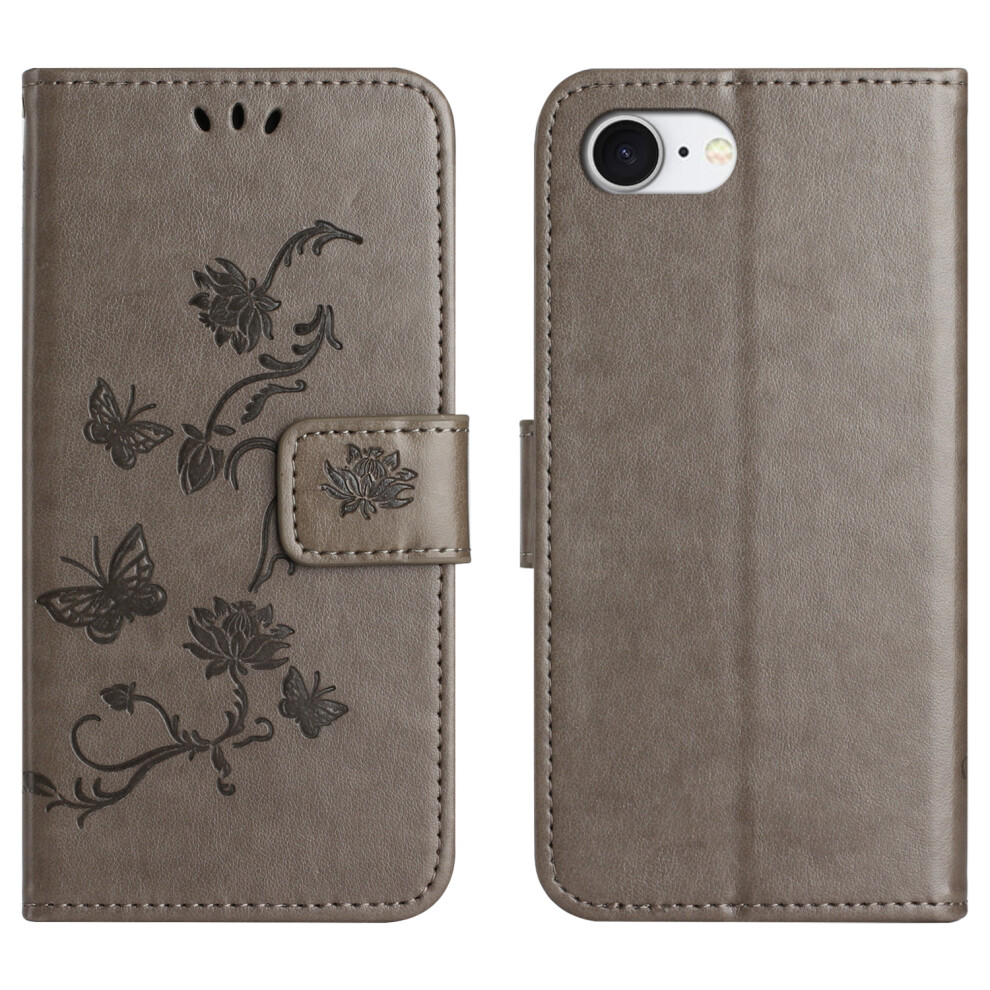 (Iphone 16E, ) For Iphone 16E Case Wallet Stand Imprinted Butterfly Flower Pu Leather Phone Cover Grey 6914288758017