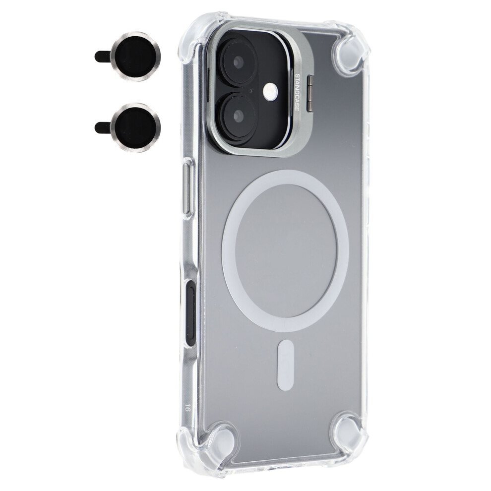 (Iphone 16, ) For Iphone 16 Magnetic Clear Case Shockproof Hybrid Phone Shell With Camera Lens Frame Kickstand Grey 6914285843228