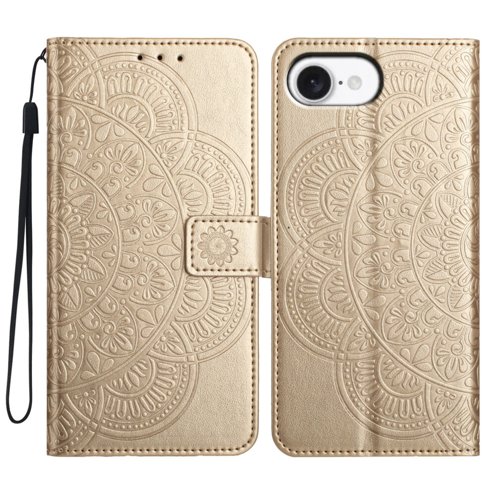 (Iphone 16E, ) For Iphone 16E Wallet Phone Case Butterfly Floral Imprint Leather Flip Cover With Strap Gold 6914288533874