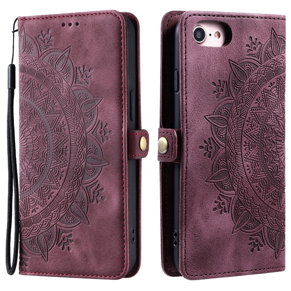 (Iphone 16E, Wine ) Style 016 For Iphone 16E Case Skin Feel Totem Imprinted Wallet Leather Phone Cover Red 6914286916143