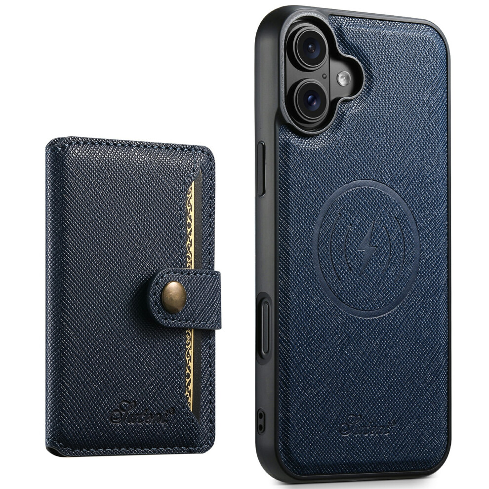 (Iphone 16 Plus, ) Suteni H20 For Iphone 16 Plus Magnetic Case Cross Texture Phone Back Cover With Detachable Card Holder Blue 6914287460577