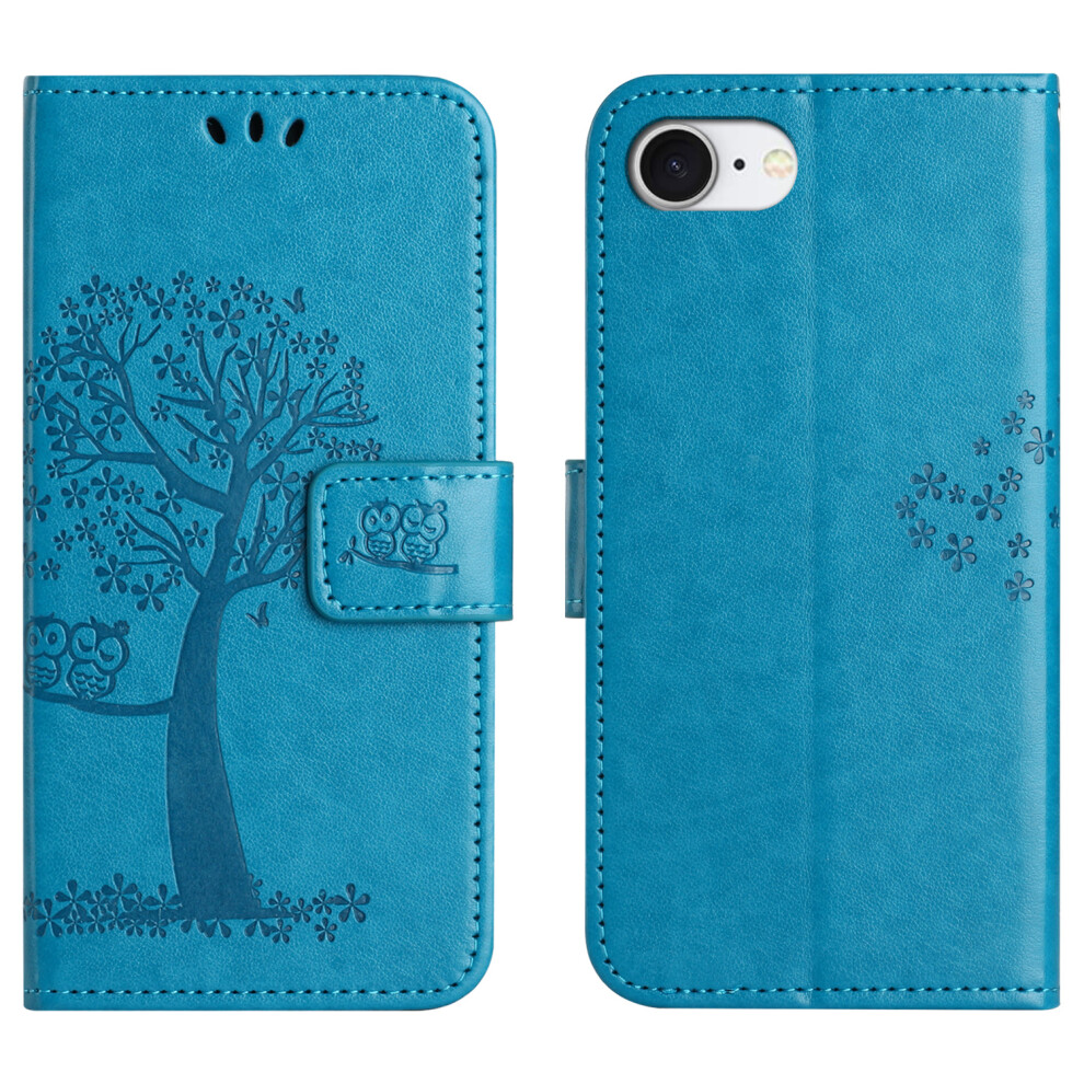 (Iphone 16E, ) For Iphone 16E Case Pu Leather Owl Tree Imprinted Wallet Phone Cover Blue 6914289042719