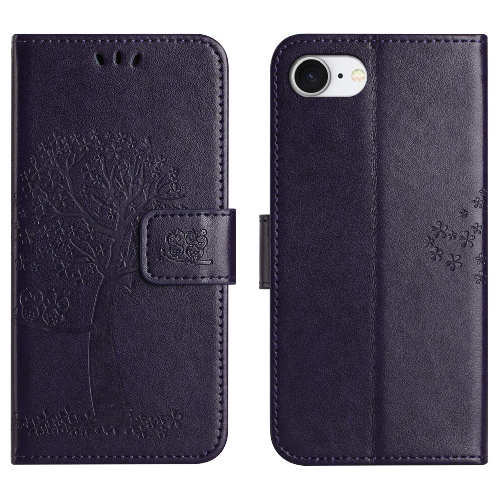 (Iphone 16E, Dark ) For Iphone 16E Case Pu Leather Owl Tree Imprinted Wallet Phone Cover Purple 6914284582609