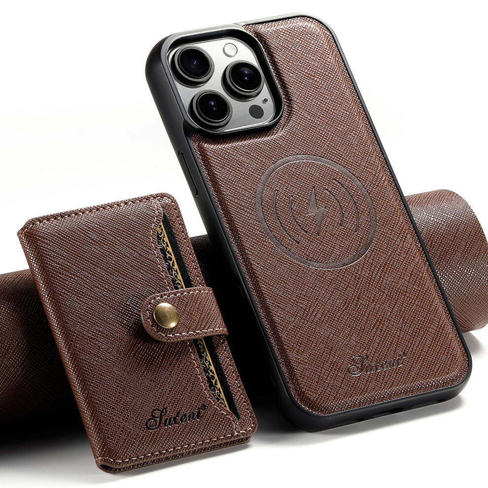 (Iphone 13 Pro, ) Suteni H20 For Iphone 13 Pro Magnetic Case Cross Texture Phone Back Cover With Detachable Card Holder Brown 6914287919488