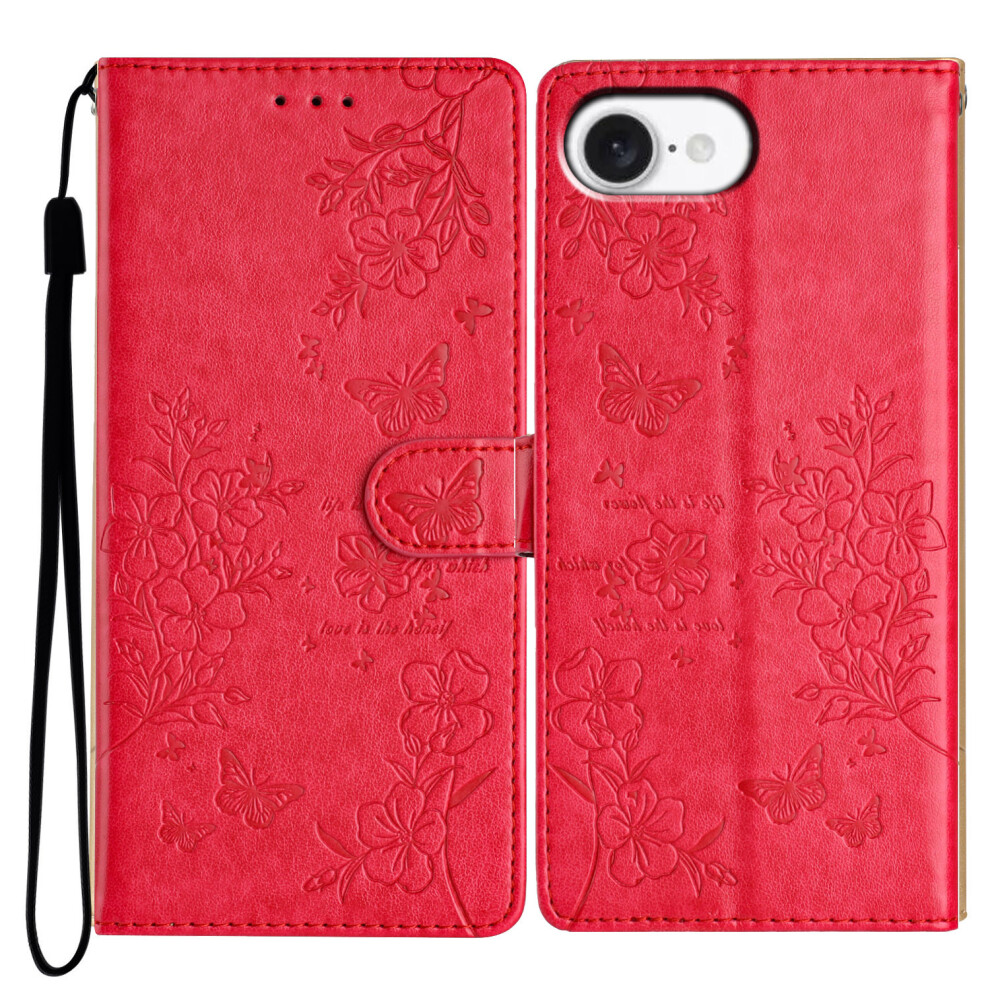 (Iphone 16E, ) For Iphone 16E Wallet Phone Case Butterfly Floral Imprint Leather Flip Cover With Strap Red 6914283604180