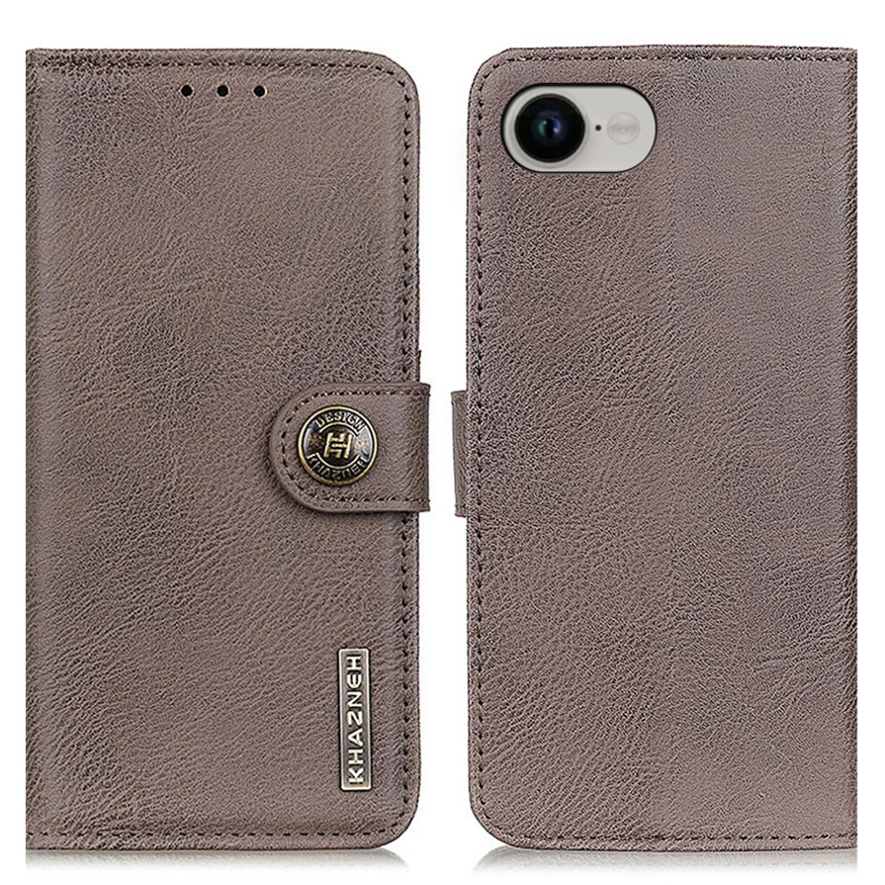 (Iphone 16E, Khaki) Khazneh For Iphone 16E Wallet Case Cowhide Texture Leather Flip Phone Cover 6914288312363