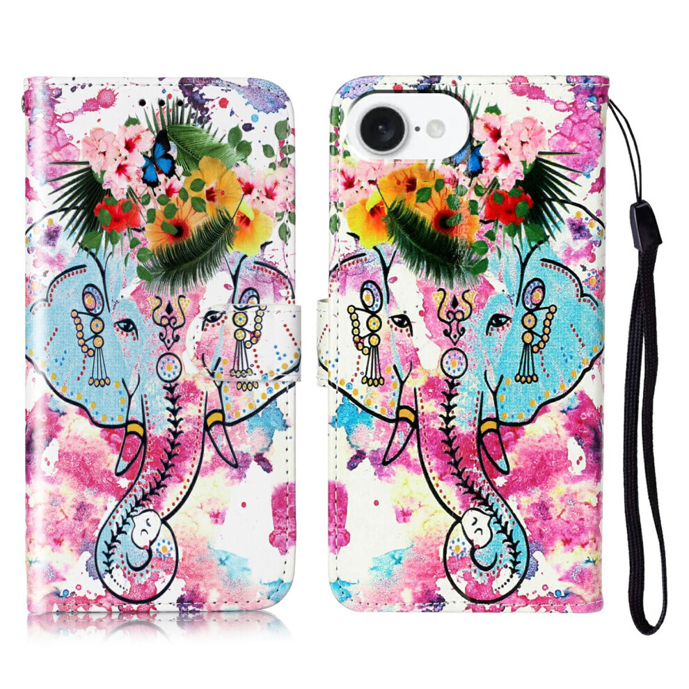(Iphone 16E, Flower Elephant) For Iphone 16E Case Pattern Leather Wallet Phone Cover 6914287063389