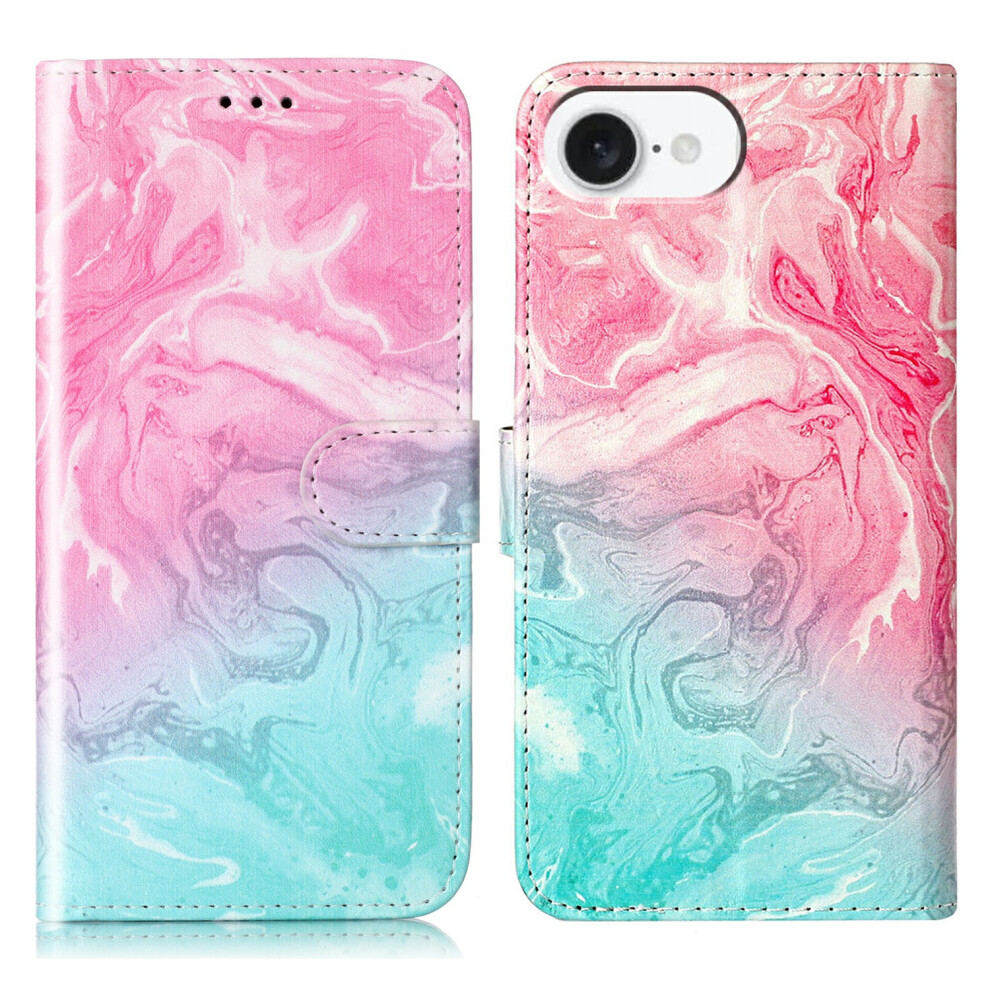 (Iphone 16E, Pink Green Marble) For Iphone 16E Marble Painted Wallet Stand Case Folio Leather Cover With Flip Design Pink,Green 6914287004948