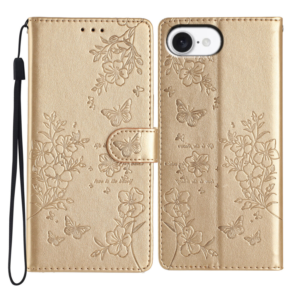 (Iphone 16E, ) For Iphone 16E Wallet Phone Case Butterfly Floral Imprint Leather Flip Cover With Strap Gold 6914286981394