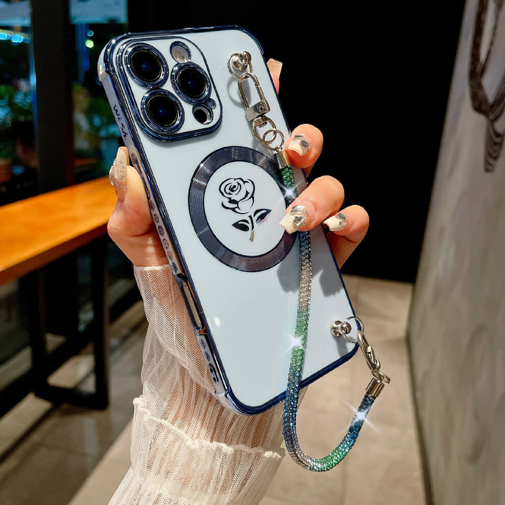 (Iphone 16 Pro Max, ) For Iphone 16 Pro Max Magnetic Case With Rhinestones Strap Rose Flower Electroplated Tpu Phone Cover Blue 6914282095408