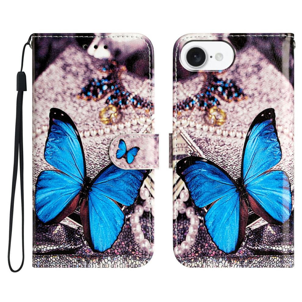 (Iphone 16E, Butterfly) For Iphone 16E Wallet Case Printed Pattern Design Leather Phone Cover Blue 6914284911690