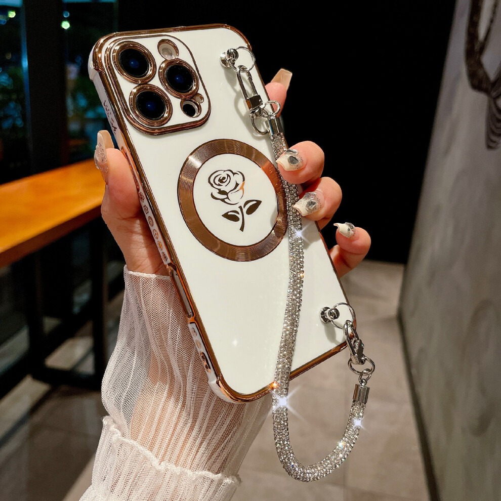(Iphone 16 Pro, Ivory ) For Iphone 16 Pro Magnetic Case With Rhinestones Strap Rose Flower Electroplated Tpu Phone Cover White 6914288191708