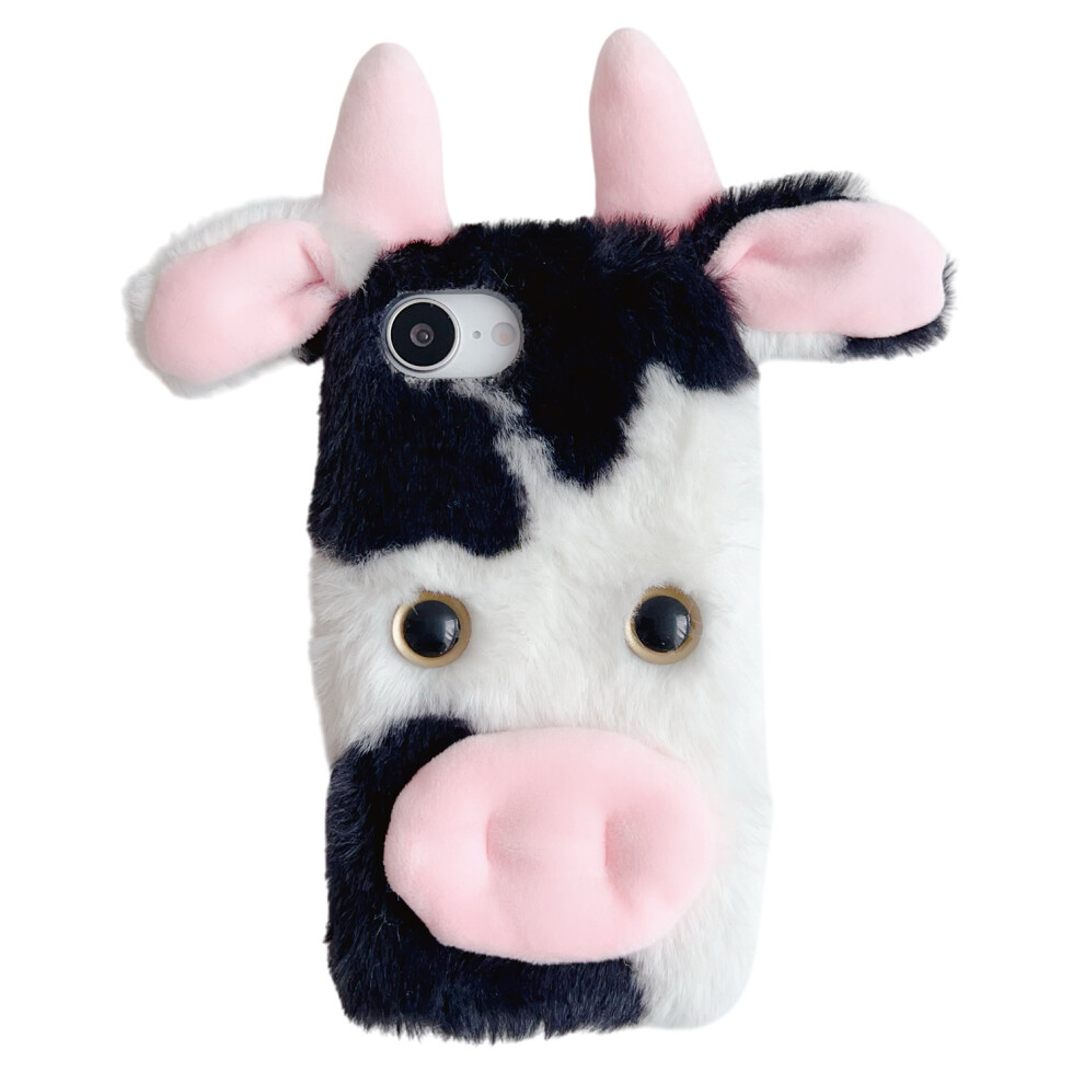 (Iphone 16E, ) For Iphone 16E Case Fluffy Cute Cow Winter Plush Inner Tpu Phone Cover Black 6914289368215