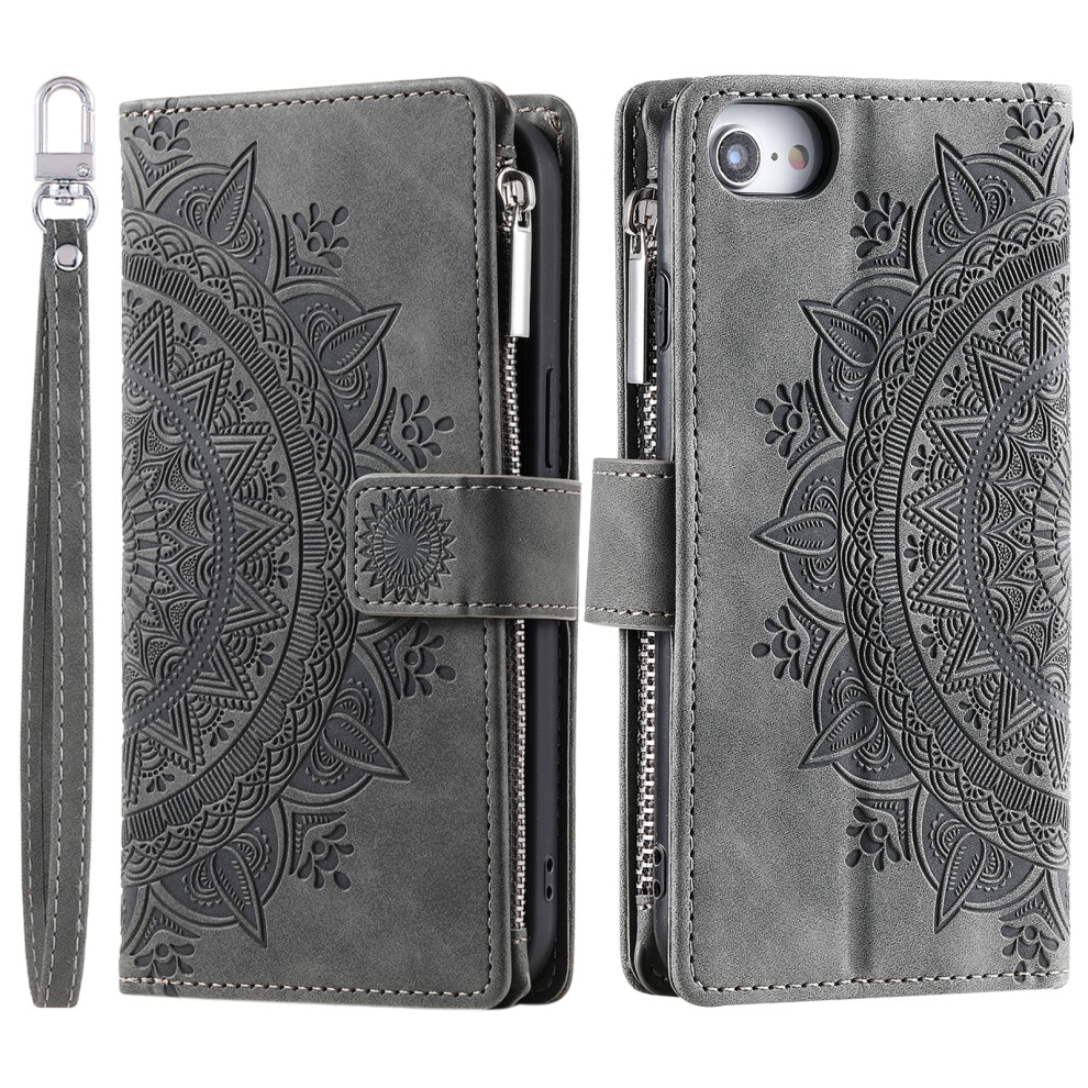 (Iphone 16E, ) Style 006 For Iphone 16E Wallet Case Pu Leather Phone Cover Mandala Flower Pattern Grey 6914285109515