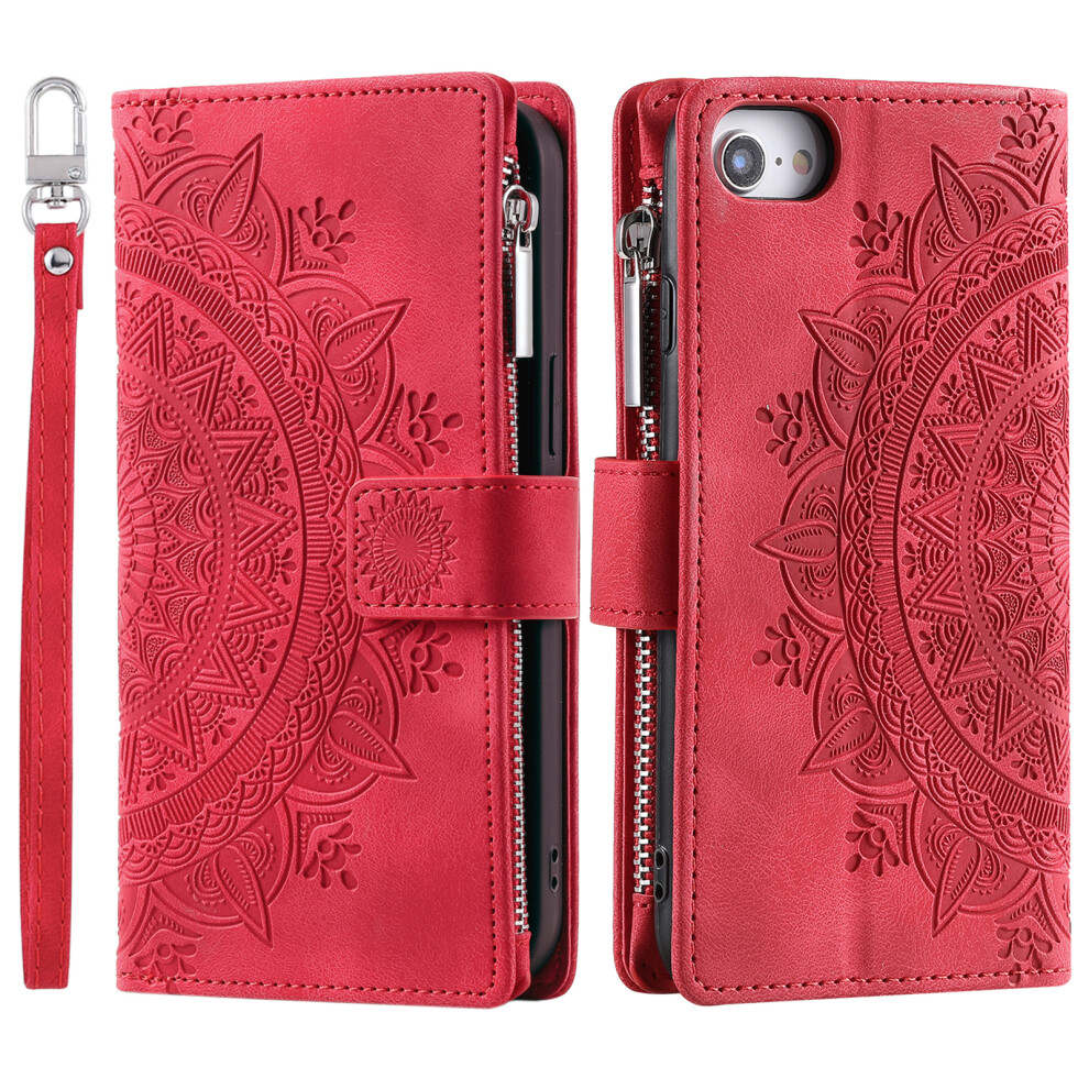 (Iphone 16E, ) Style 006 For Iphone 16E Wallet Case Pu Leather Phone Cover Mandala Flower Pattern Red 6914286993373