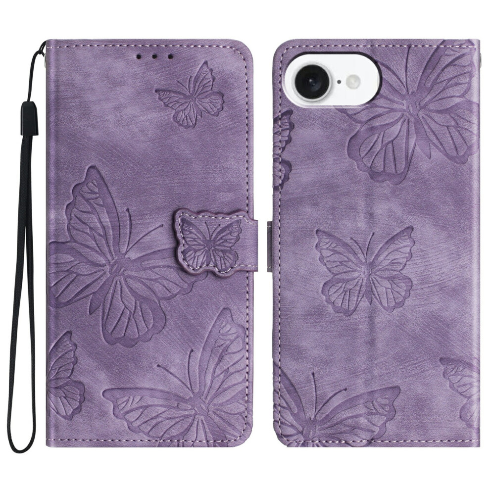 (Iphone 16E, ) For Iphone 16E Case Butterfly Design Flip Wallet Leather Phone Cover Skin-Touch Purple 6914281365151