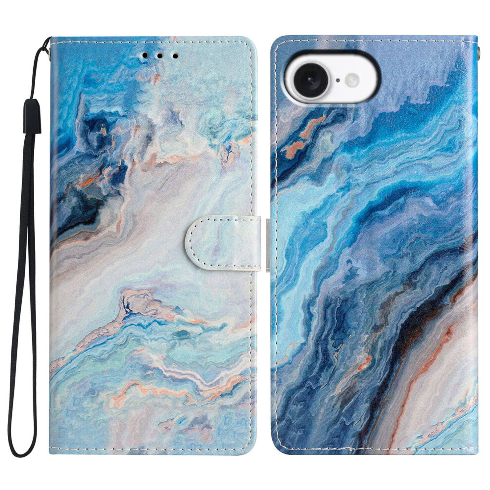 (Iphone 16E, Marble) For Iphone 16E Wallet Case Pu Leather Pattern Printing Stand Phone Cover With Strap Blue 6914289968996