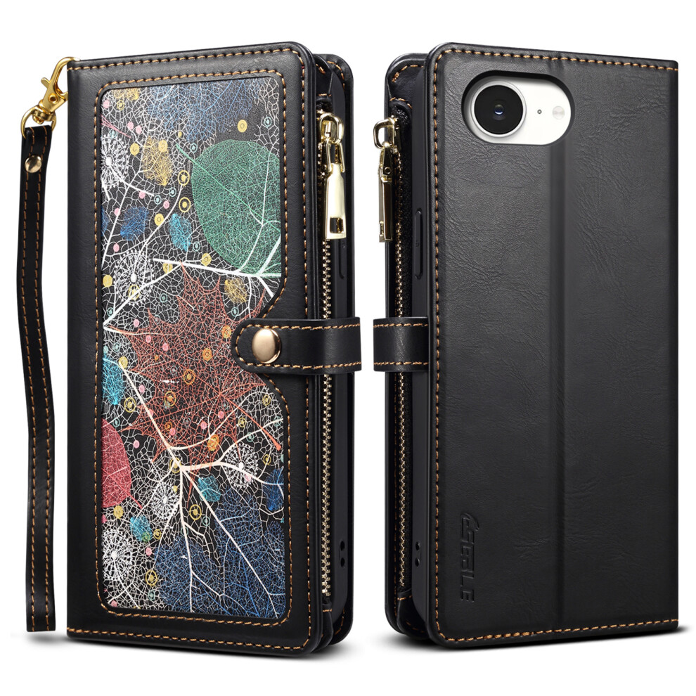 (Iphone 16E, ) Eseble Galaxy Series For Iphone 16E Case Leather Zipper Phone Cover Rfid Blocking Black 6914284701147