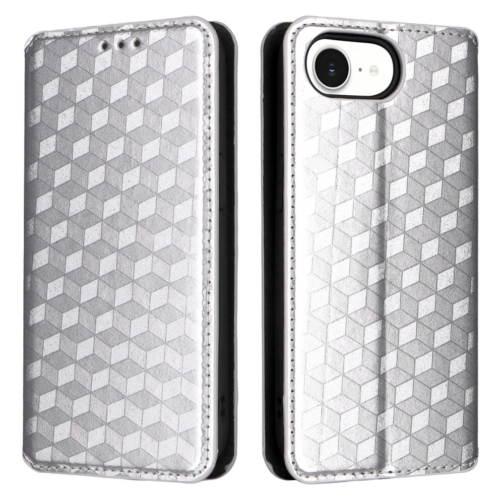 (Iphone 16E, ) For Iphone 16E Case Wallet Rhombus Imprinted Leather Phone Cover Silver 6914284350420