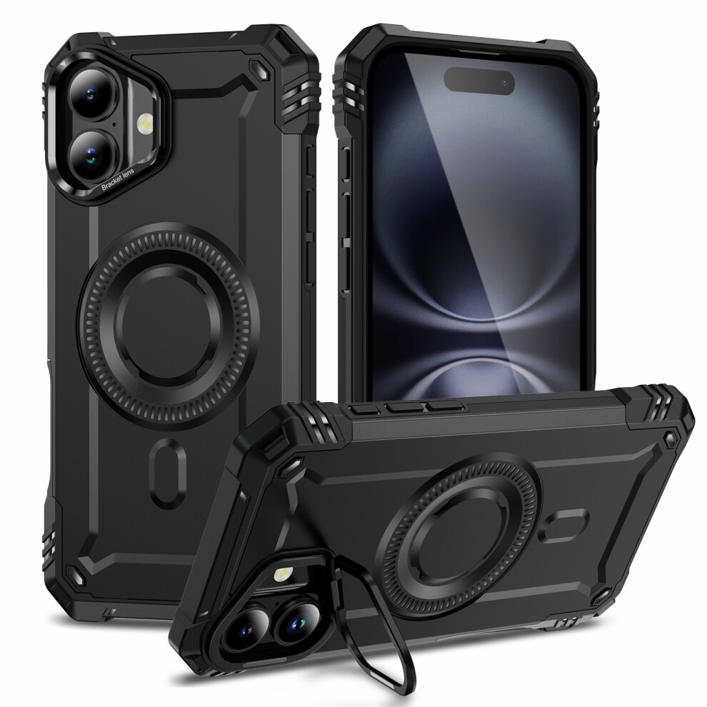 (Iphone 16, ) For Iphone 16 Magnetic Case Lens Kickstand Pc+Tpu Shockproof Phone Cover Black 6914280403793