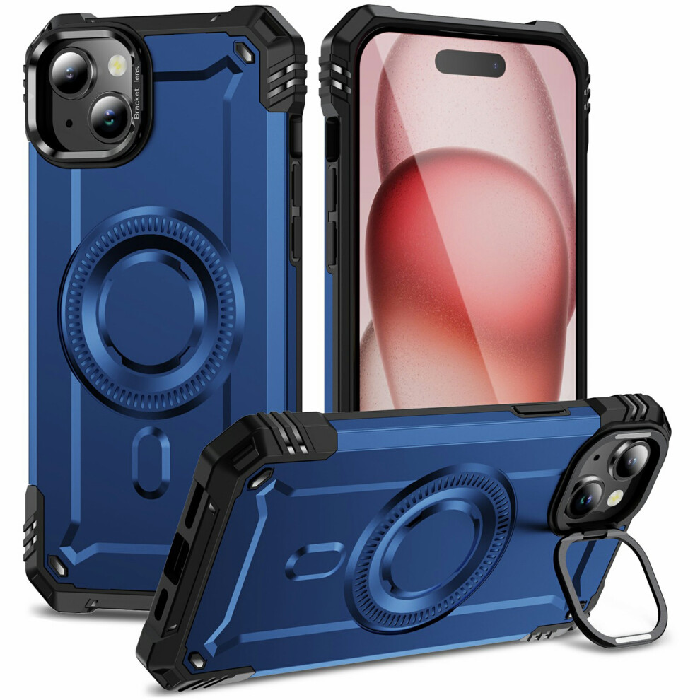 (Iphone 15, ) For Iphone 15 Magnetic Case Lens Kickstand Pc+Tpu Shockproof Phone Cover Blue 6914289168136