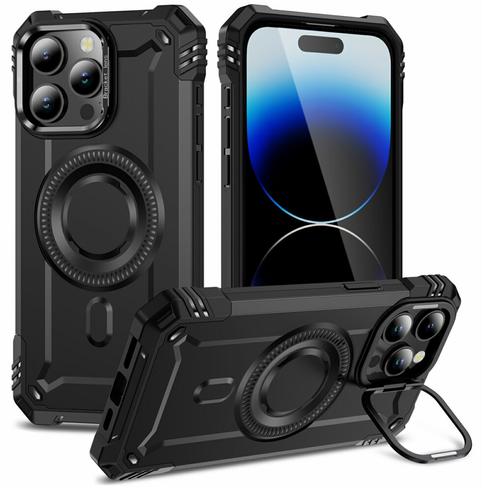 (Iphone 14 Pro, ) For Iphone 14 Pro Magnetic Case Lens Kickstand Pc+Tpu Shockproof Phone Cover Black 6914280957012